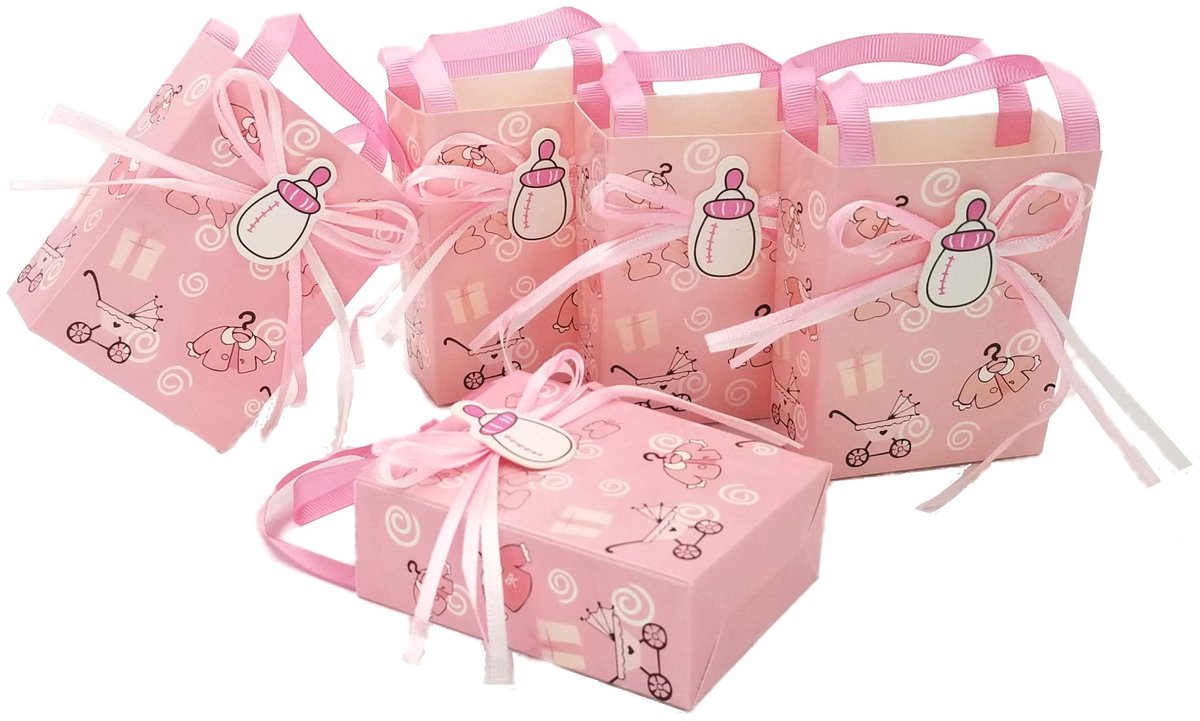 Solidchoice - Dailygoody - Roze Gastgeschenkdoosjes - Babyfles-patroon - Ideaal voor Babyshowers - Mini-tasjes - Verjaardagen - Perfect voor Doop en Feestjes