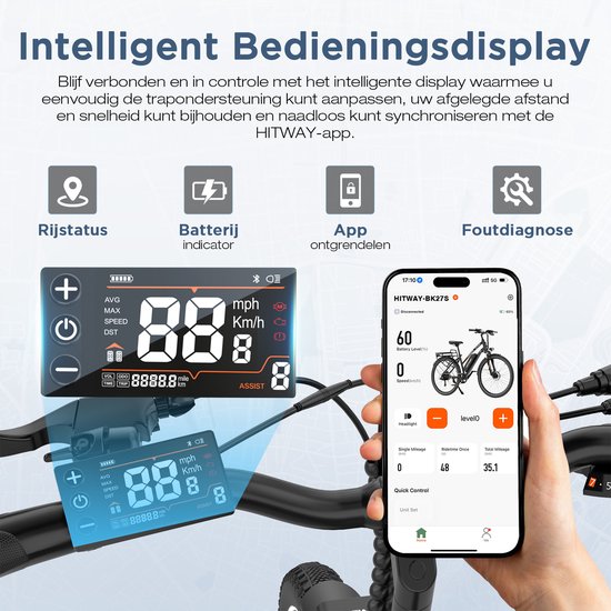 Hitway Elektrische Fiets BK16 - 26*3.0 Inch City Commuter EBike met Afneembare 48V 18Ah Lithium Batterij - Mountain E-Bike met 250W Motor - 7 Versnellingen - IP54 Waterdicht van Hitway — afbeelding 2