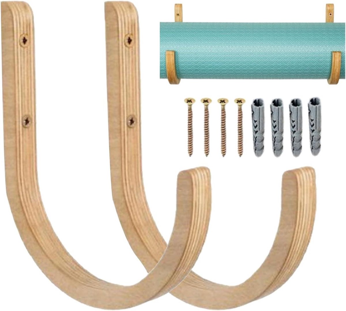 Yogamat Houder - Fitness Organizer - Thuis Gym - Ruimtebesparend Wandrek - 2 Stuks - Houtkleurig