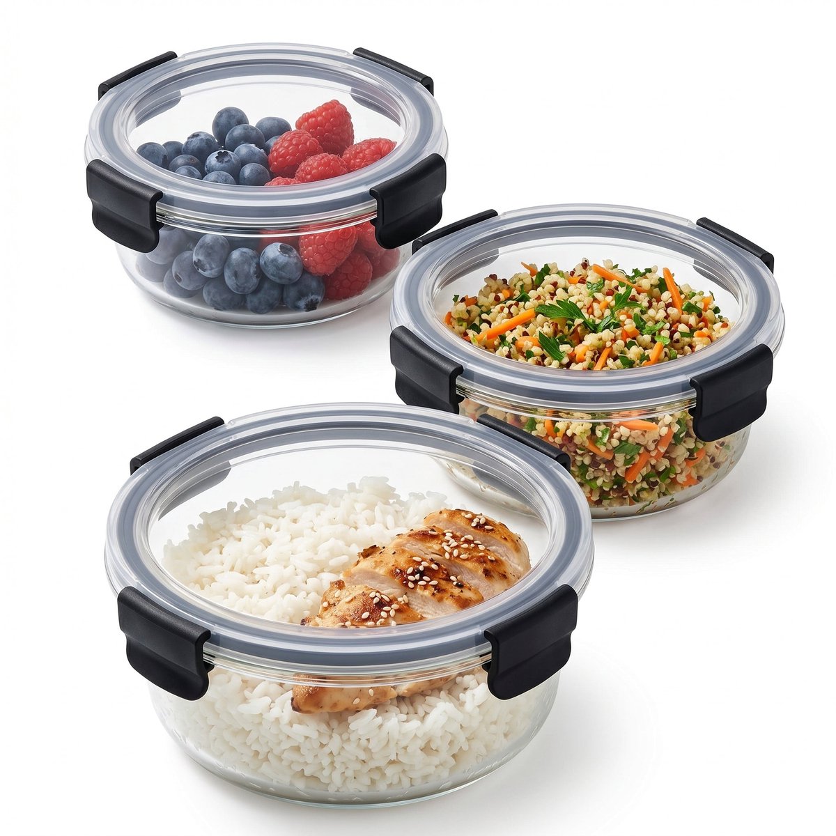 Lomera Glazen Vershoudbakjes Set van 3 - Meal Prep Bakjes met Deksel - Luchtdicht - Glazen Meal Prep Containers - Voorraadbakjes Glas - BPA Vrij - Stapelbaar voor Magnetron en Oven - Diepvriesbakjes Glas - Voedselbewaardozen - Lekvrij