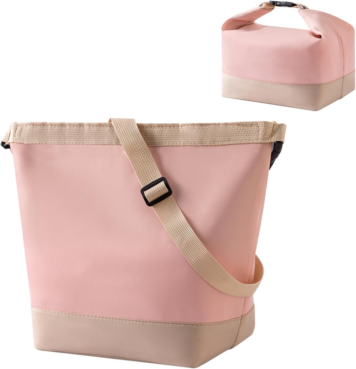 Geïsoleerde lunchtas voor zowel mannen als vrouwen, met een reversdetail en een verstelbare schouderband om de tas over de schouder of in de hand te dragen. Gemaakt van polyester, lekvrij (roze).