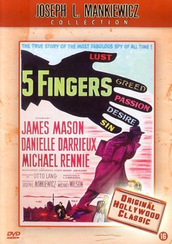 Filmcover voor '5 Fingers' met tekst en een afbeelding van een man in een lange jas.