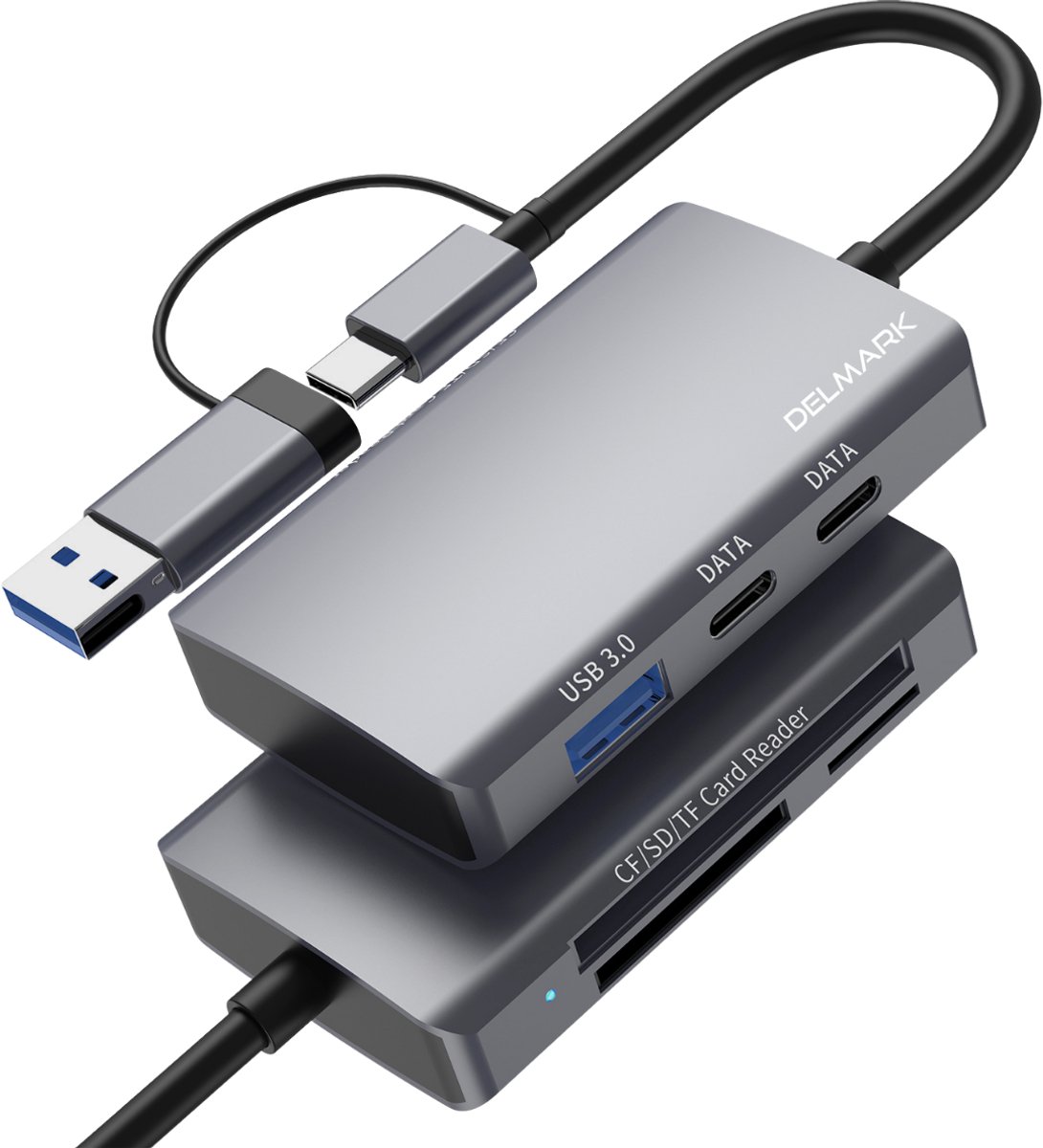 Delmark 6-in-1 HUB en Kaartlezer - USB-C & USB-A - Gelijktijdig CF/SD/MicroSD Lezen - 5Gbps USB 3.0 Docking Station - Aluminium
