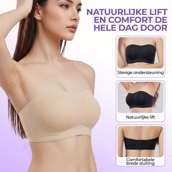 Natuurlijke lift en comfort door deze beige strapless bh. Details: stevige ondersteuning, natuurlijke lift en comfortabele brede sluiting.