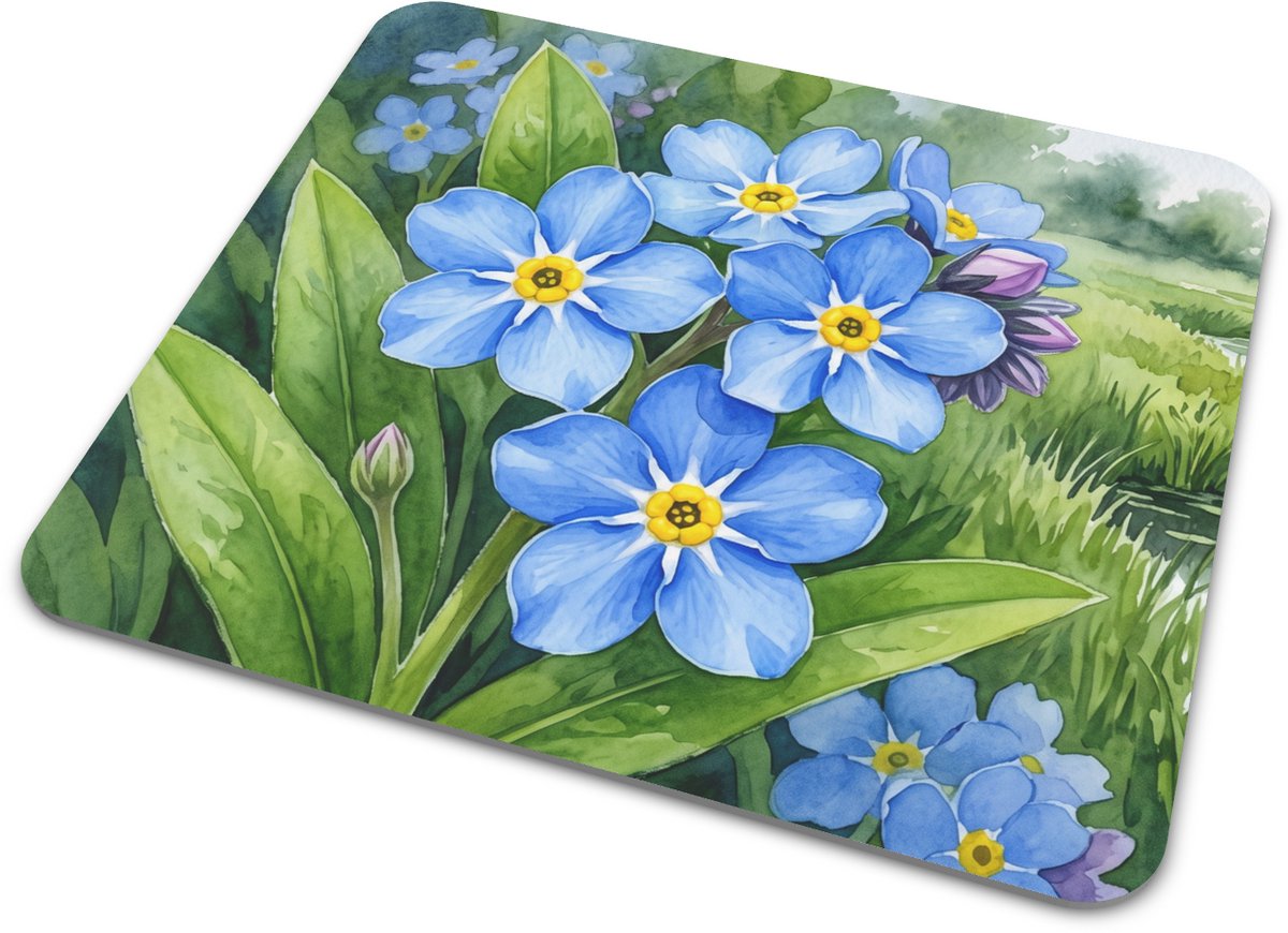 Muismat Aquarel Series - Moerasvergeet-mij-nietje Myosotis scorpioides Blauwe Bloemen - Botanische Aquarel - Romantisch Cadeau Bureau en Thuiswerkplek - Liefdevol Kantoorartikel Rechthoekig 22x20 cm