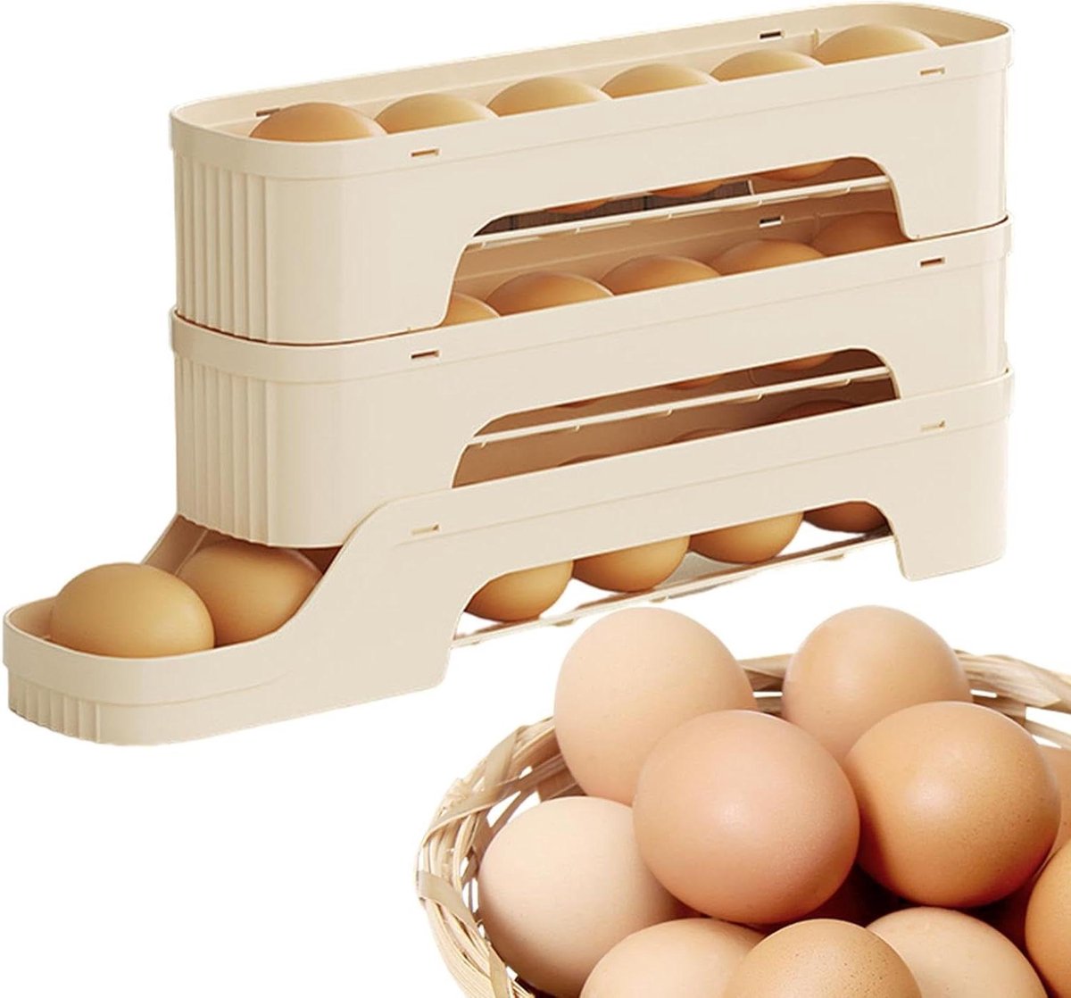 Eierhouder Koelkast - Ei Organizer - Keuken Ordenen - Zelfrollend Ontwerp - 3 Lagen - Wit