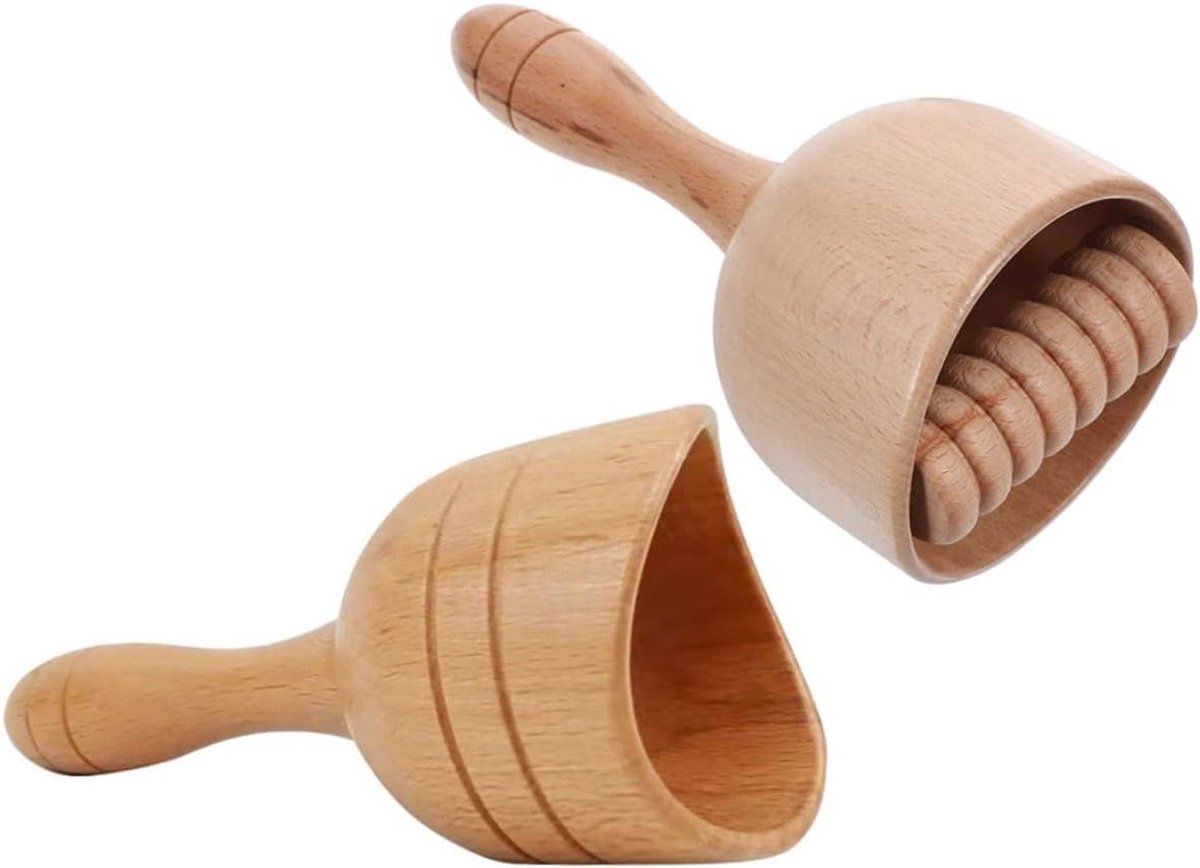 Massagekopjes Set - Houten Rollers - Spier Ontspanning - Antislip Handvat - 18.5 x 18.5 cm - Lichtbruin