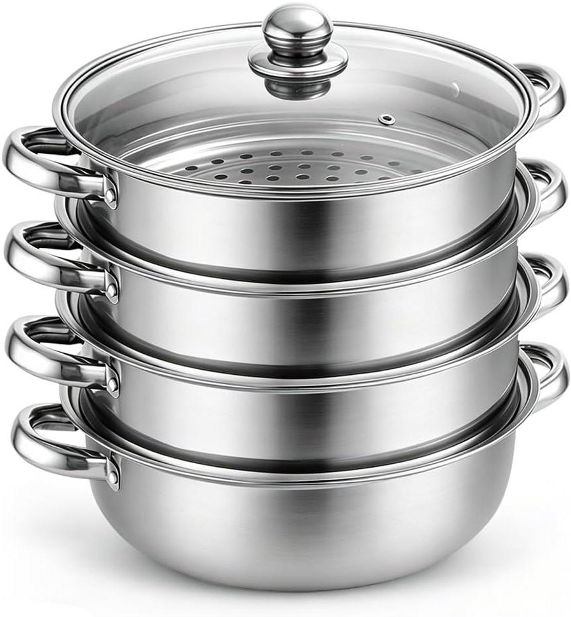 Stoompan Roestvrijstaal - Stoomkoker Inductie - Gezond Koken - Drie Laags Systeem - 28 cm - Zilver