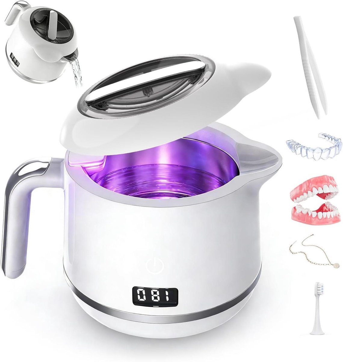 Ultrasone Reiniger - Sieraden Cleaner - Hygiënisch Onderhoud - Met UV-licht - 180 ml Tank - Wit