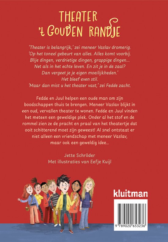 Achterkant boek Theater 't Gouden Randje met tekst en een groep lachende kinderen.