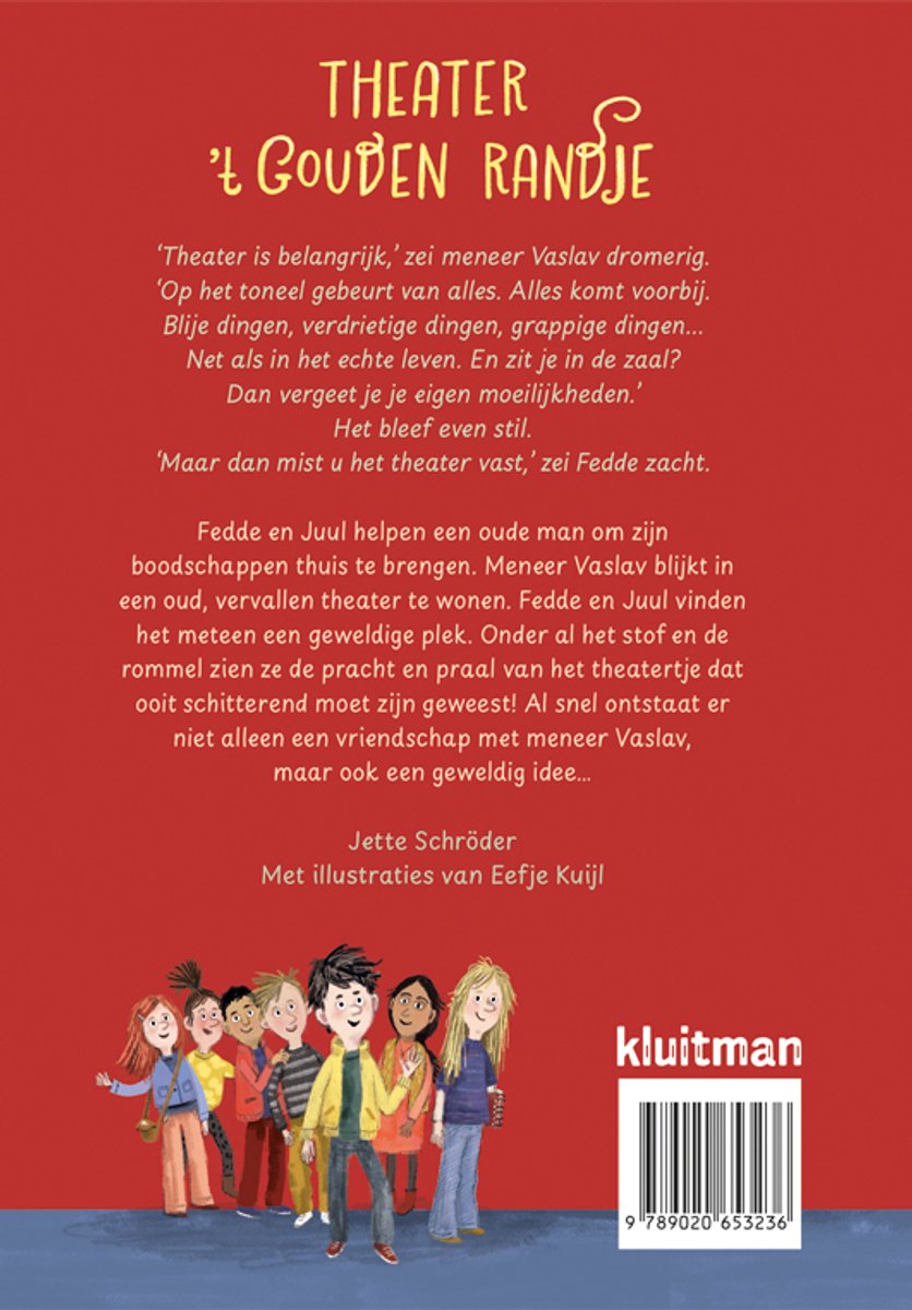 Achterkant boek Theater 't Gouden Randje met tekst en een groep lachende kinderen.