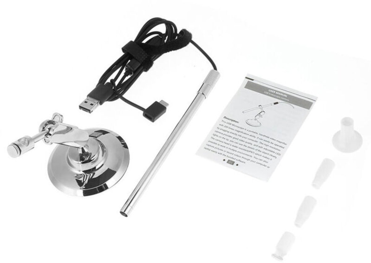 Microscoop met 200x vergroting, 8 ledlampjes, 720p high-definition camera en USB/Micro USB-interface voor aansluiting op computer/mobiele telefoon.