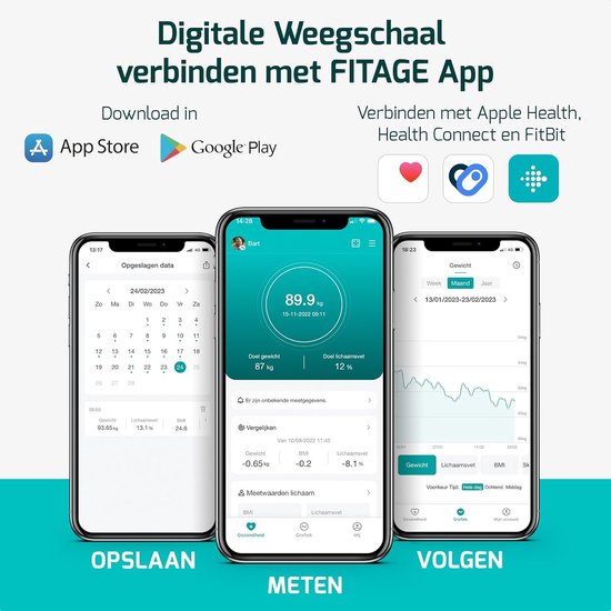 FITAGE LCD Weegschaal Personenweegschaal Digitaal - Slimme Weegschaal met 17x Lichaamsanalyse - Weegschalen - FITAGE App