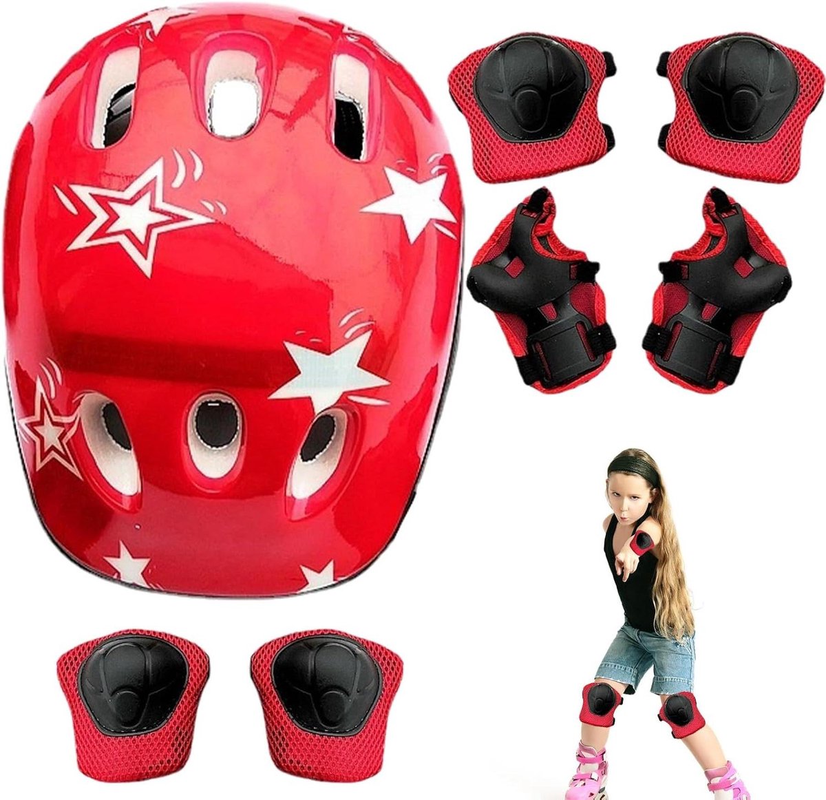Kinder Beschermingsset - Hoofd- en kniebeschermers - Veilig Sporten - Schokabsorberende Vulling - 53-55 cm Hoofdomtrek - Rood