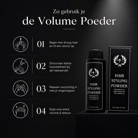 Zwarte flacon en doosje met logo "Phoenix", naast illustraties van haarstyling stappen.