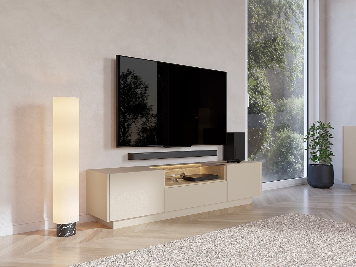 Vente-unique Tv-meubel met 2 deuren, 2 lades en 1 nis met leds - Beige en licht naturel - ALIVENTO Beige, Natuurlijk licht