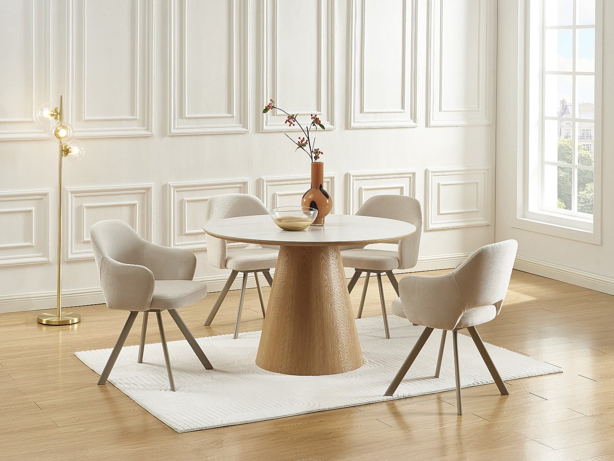 Vente-unique Set van 6 draaibare stoelen in tweedstof en beige metaal - Crème - RASEMA