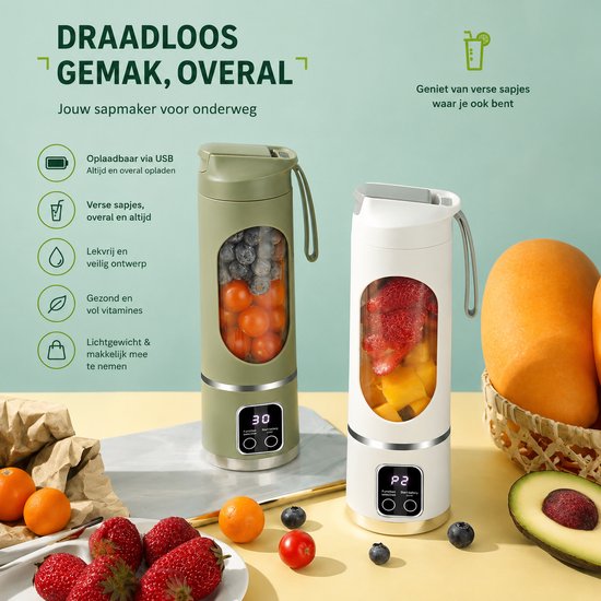 HomeGoodies - Smoothie maker - Blender - Mixer - Blender to go - 450 ml - Groen - Draagbare mini mixer -Draadloos - USB oplaadbaar van homegoodies — afbeelding 4