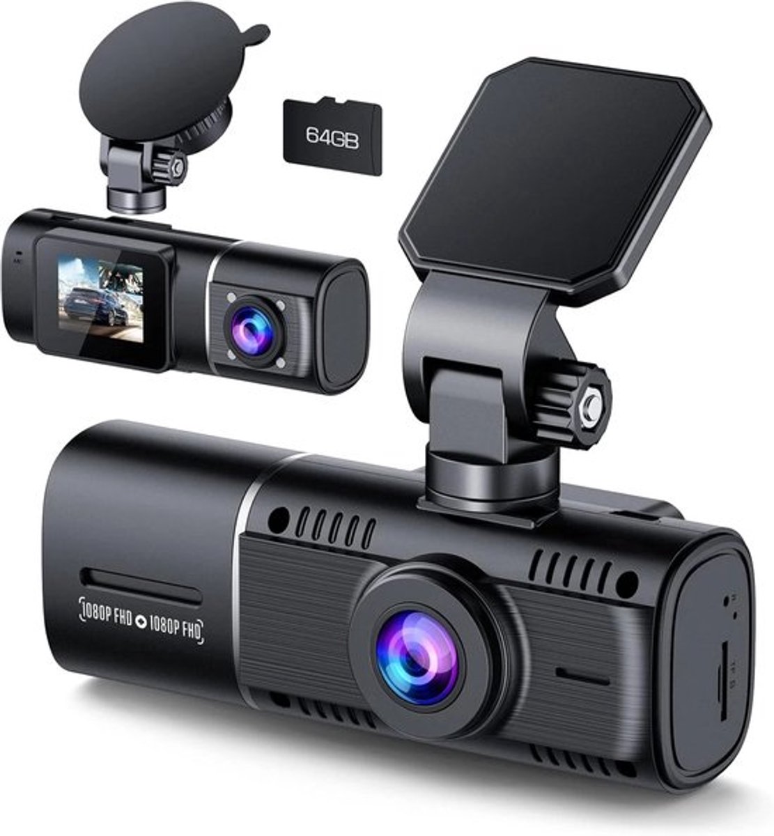 Dubbele lens aan de voorzijde + interne Full HD 1080P auto dashcamcamera