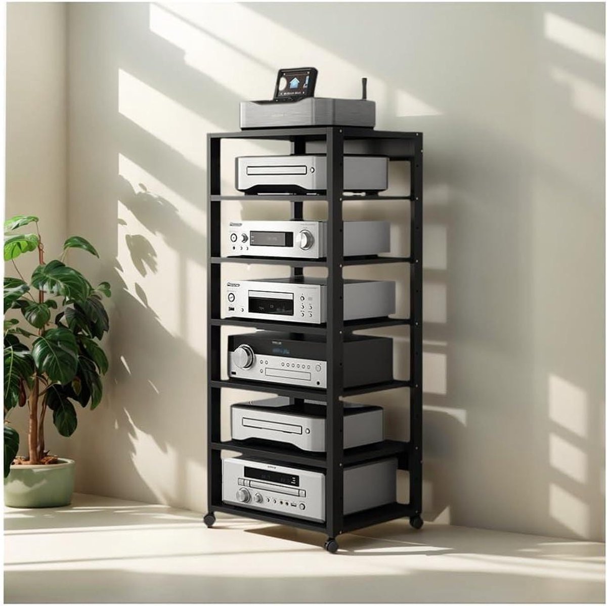 Audiokast 7 Lagen - Hifi Kast - Audio Opslag - Draaibare Wielen - 40x50cm Planken - Zwart