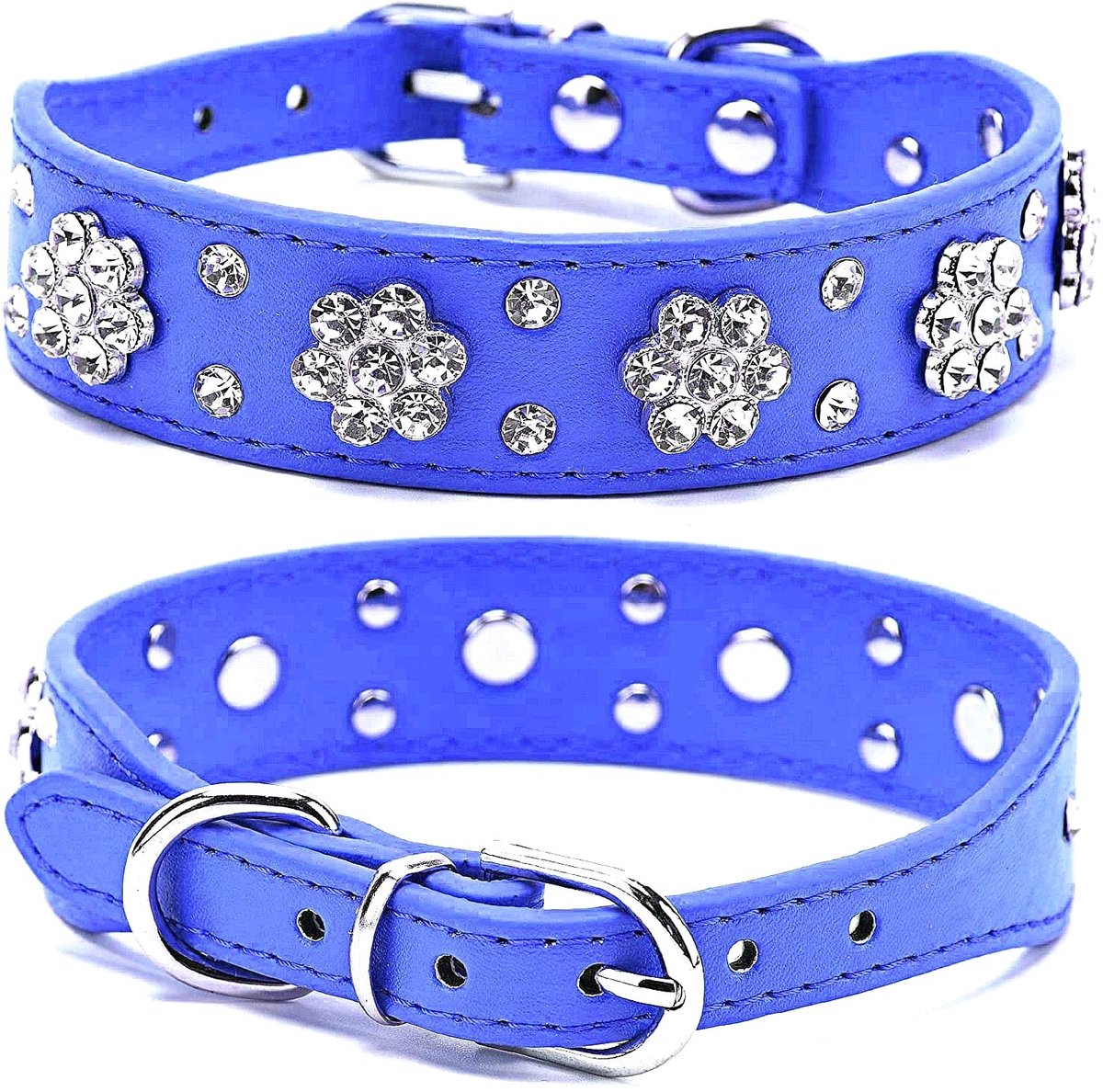Dailygoods- Halsband Bling - Verstelbaar - Faux Leer - Kristallen Strass - Hondenhalsband - Maat S/M/L - Breedte 2,5 cm