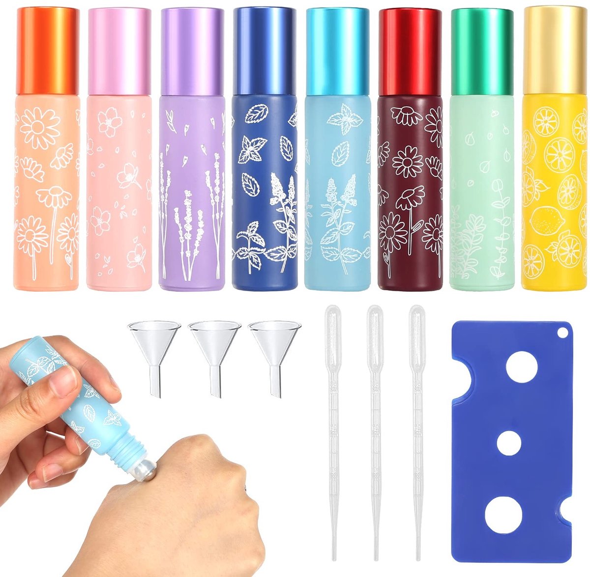 Dailygoods- Roestvrijstalen Flessen Set van 8 - 10 ml - Voor Etherische Oliën - Roller met Druppelopener - Trechter - Lichtgewicht - Rollerflessen
