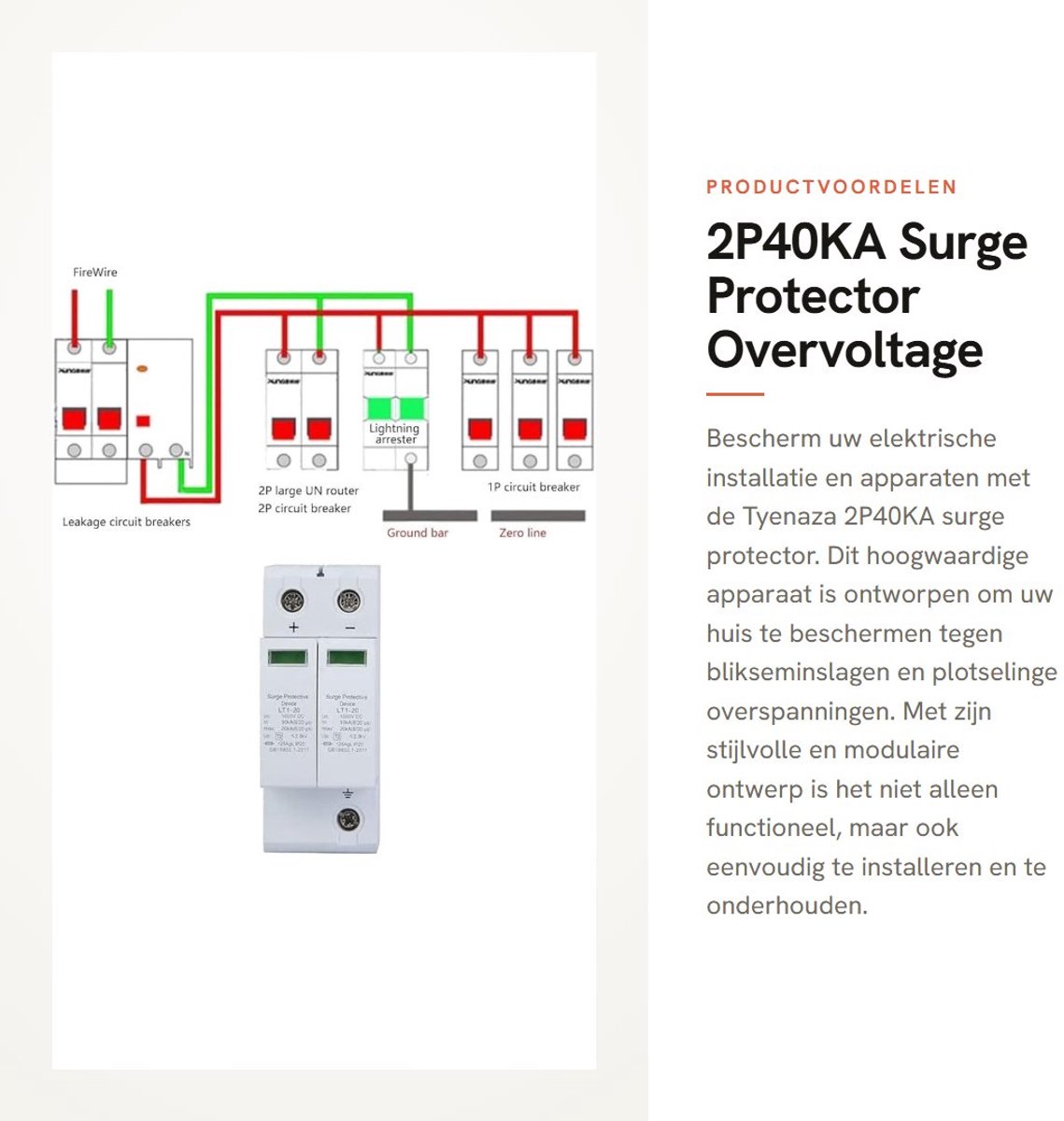 Dailygoods - 2P40KA Surge Protector - Overvoltage Bescherming voor Thuis - 40A 1000V