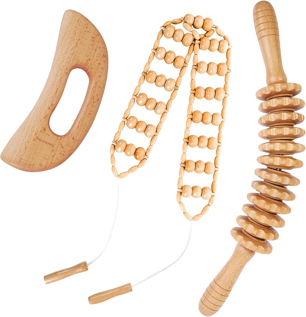 Houten Massage Set - Lichaamsvorming Tools - Spierpijn Verlichten - 3-Delige Set - 38 x 15 cm - Houtkleur