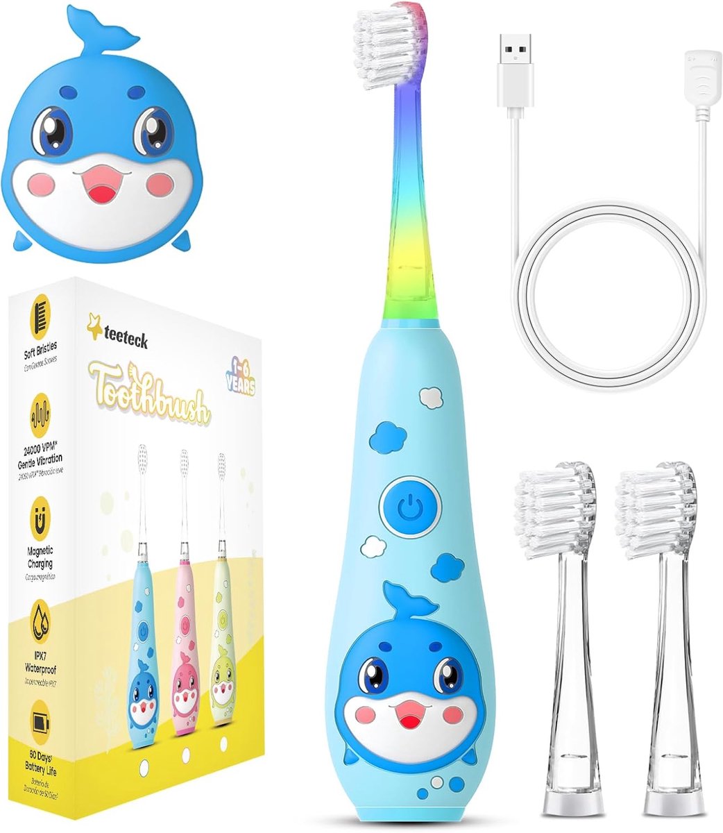 Elektrische Tandenborstel - Kinder Tandenborstel - Tandenpoetsen Kinderen - Regenboog LED Licht - 2 Borstelkoppen - Blauw