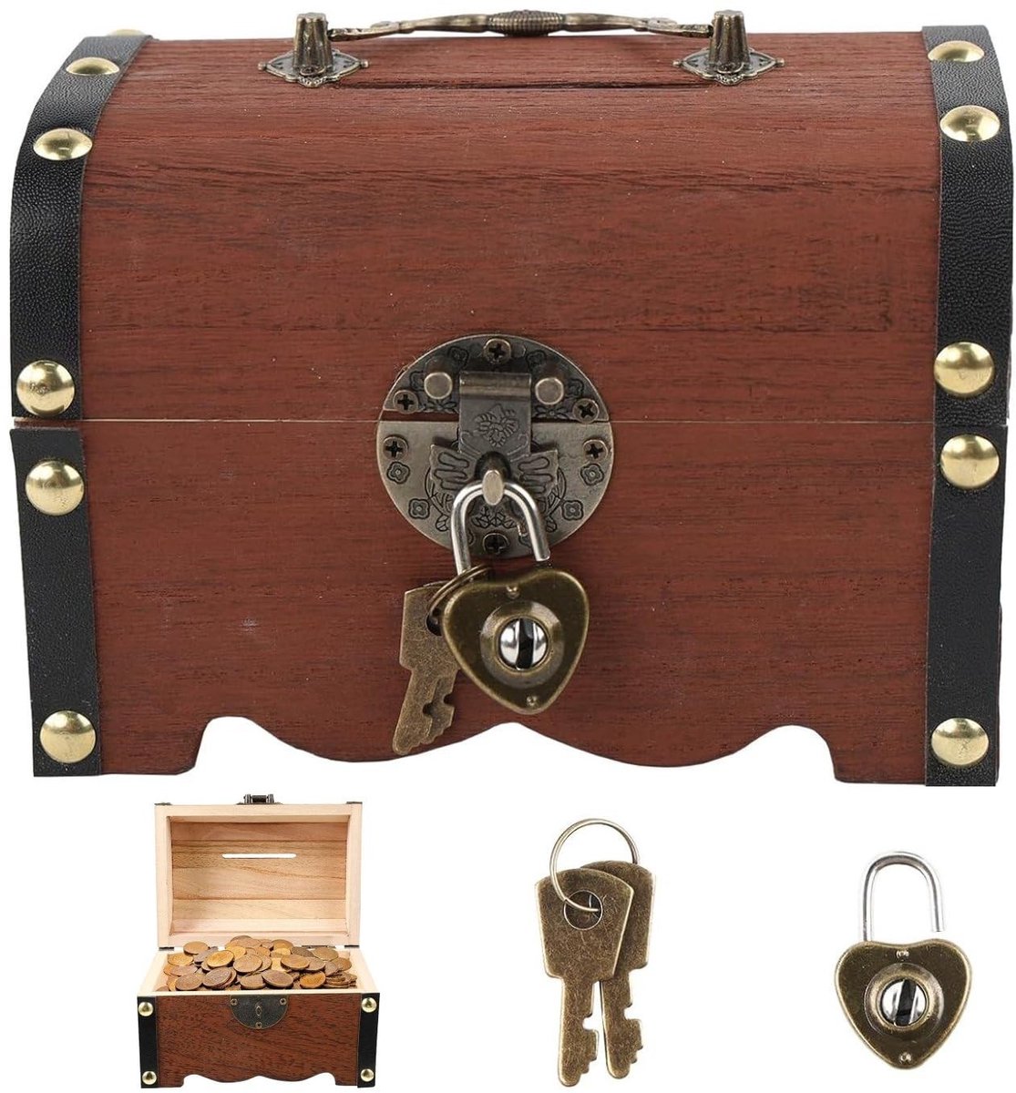 Dailygoods- Schatkist Antiek - Houten Opbergdoos met Combinatieslot - Piratenkist - Vintage Schatkist - 14.5 x 10 x 10 cm - Handgemaakt
