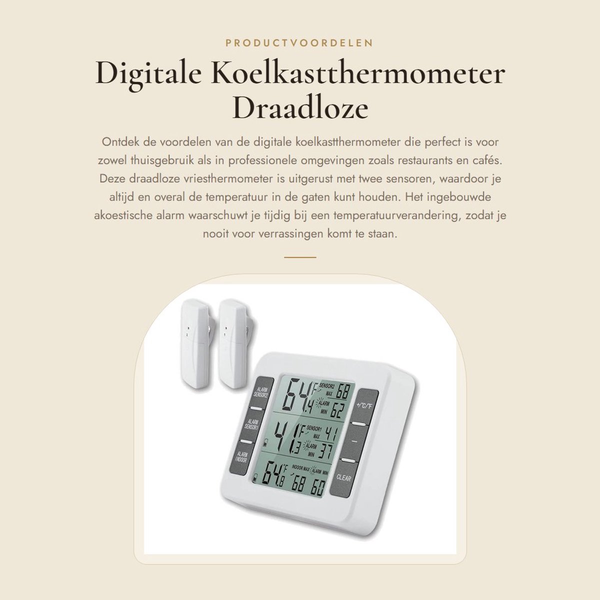 Dailygoods - Digitale Koelkastthermometer - Draadloze Vriesthermometer - Akoestisch Alarm - Compact formaat - 2 Sensoren - Voor Thuis en Horeca - Gesc...