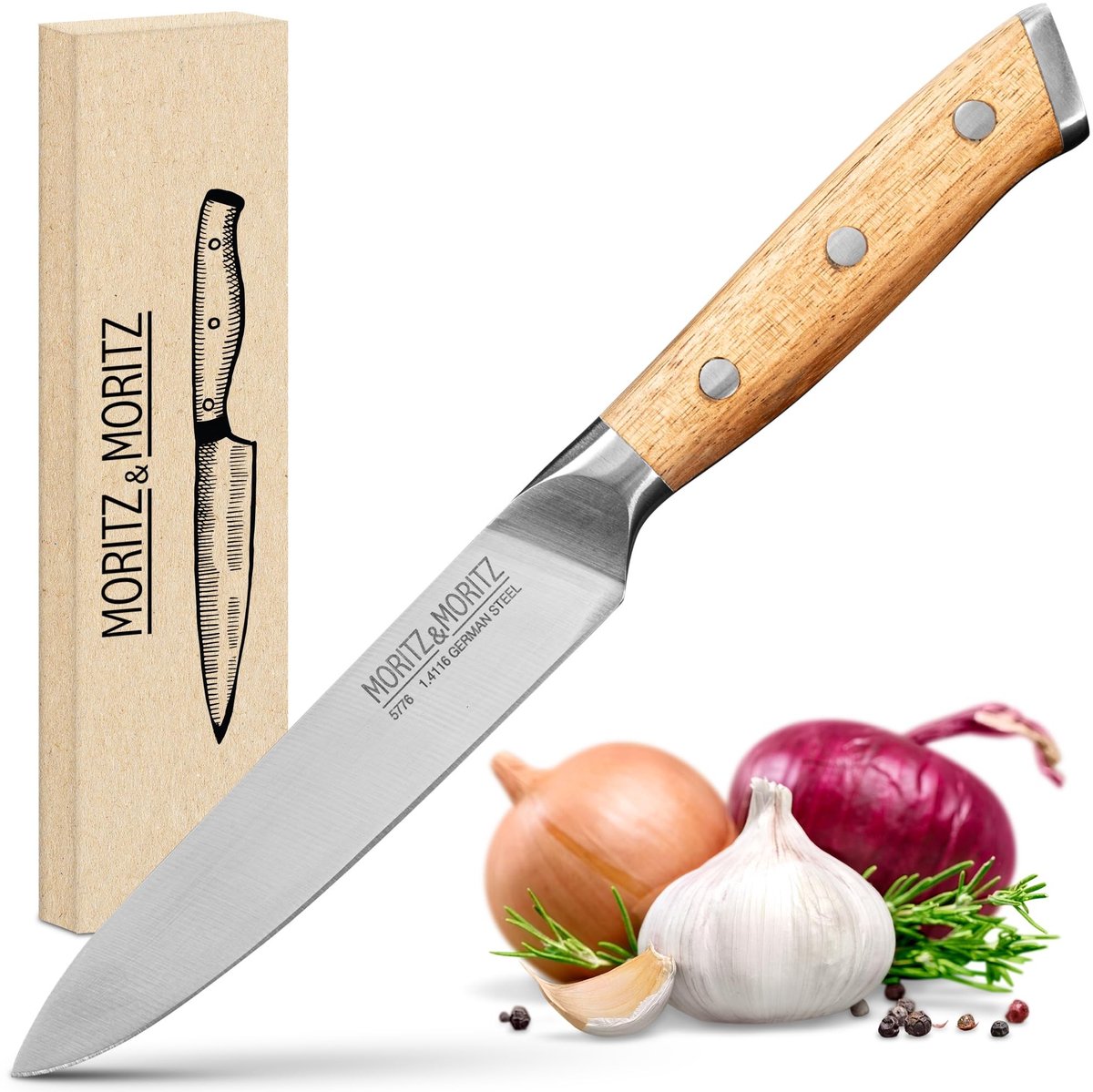 Dailygoods- Keukenmes 13 cm - Ergonomisch handvat van acaciahout - Scherp mes voor vlees/groenten - Duits staal - Professioneel keukenmes - Koksmes
