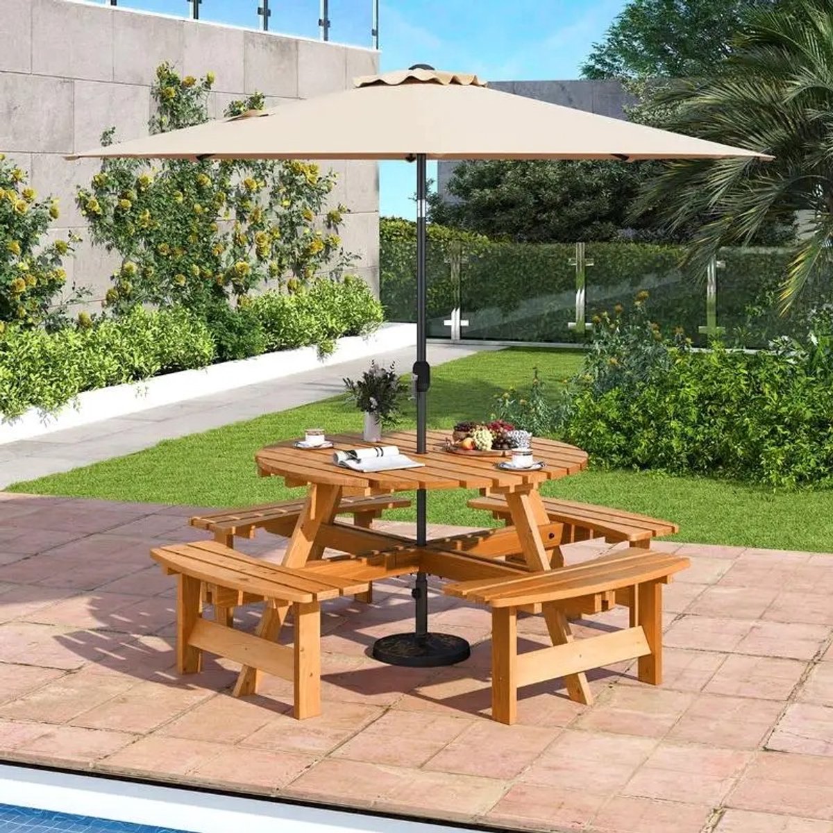Dailygoods Picknicktafelset voor 8 personen met parasolgat & 4 banken. Tuintafel van hout. Ronde zitgroep. Geel.