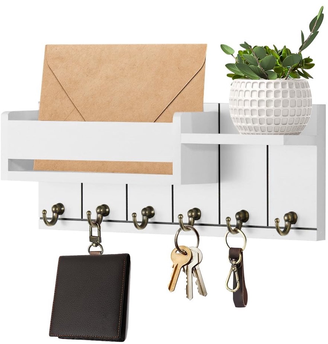 Dailygoods- Sleutelrek met plank - Houten Sleutelkast - 6 Sleutelhaken - Moderne Sleutelhouder - Muurbevestiging - Ansichtenhouder met Groene Planten - Sleutelhanger