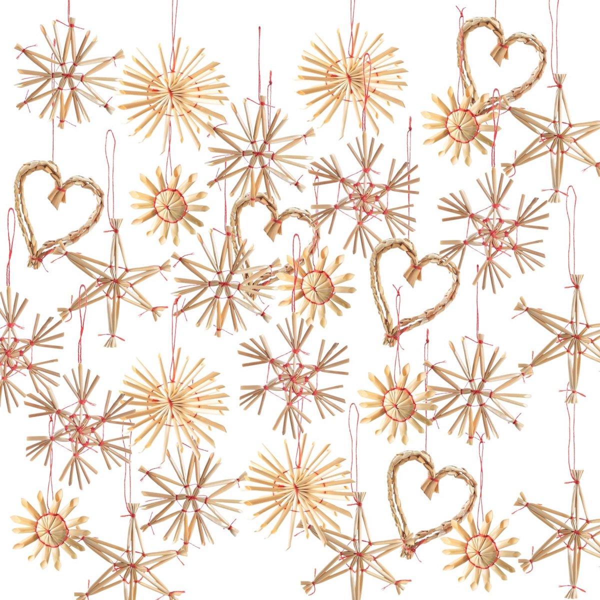 Dailygoods- Strosterren set van 32 stuks - Natuurlijke kerstdecoratie - Harten/Sterren/Sneeuwvlokken - Lichtgewicht/onbreekbaar - Rood/gouden lint - Rustieke charme - Kerstversiering
