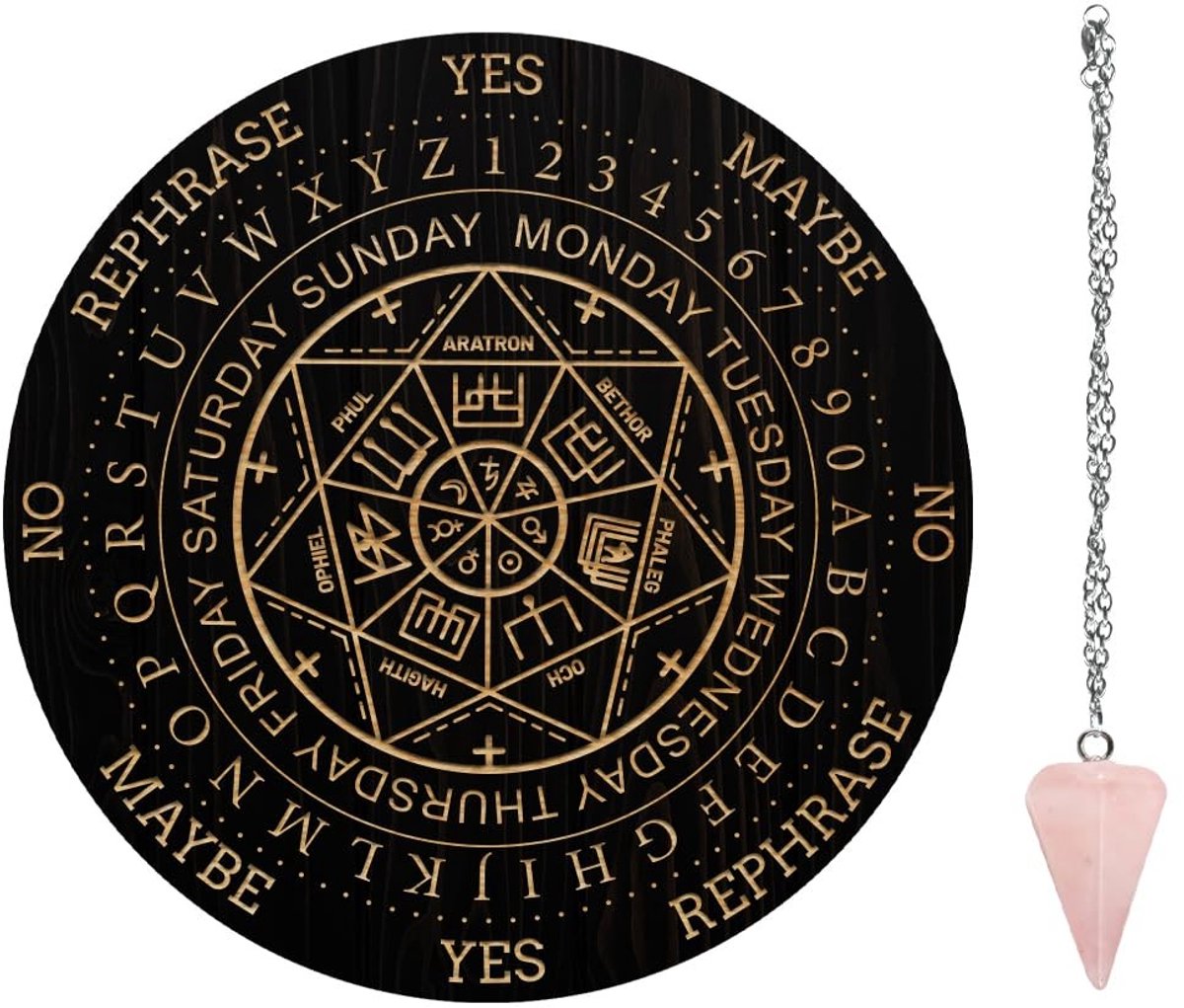Dailygoods- Wichelroede Heksenslingerbord - Rozenkwarts Kristal - 7,8 Inch - Hekserij Gereedschap - Waarzeggerij Decoratie - Geest Altaar Decoratie - Pendulum Board