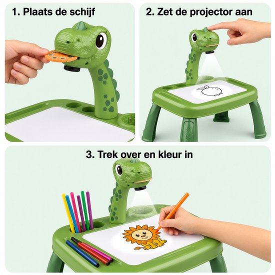 Tekentafel met Projector - Tekenbord Dinosaurus met Muziek - Tekenset - Inclusief 12 Kleurstiften, Tekenboek en Projectieschijven - Creatief Speelgoed vanaf 3 Jaar van VarietyPlay — afbeelding 3