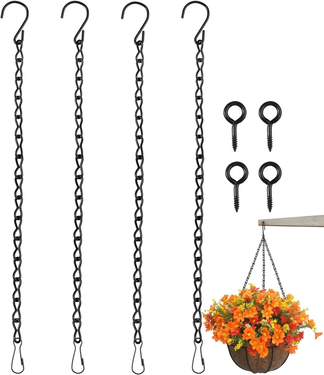 Dailygoods- Ophangkettingen 50 cm - 4 Stuks - Zwarte Kettingen - Metalen Kettingen - Hangplanten/Hangmanden - S-vormige Haken - Hangkettingen