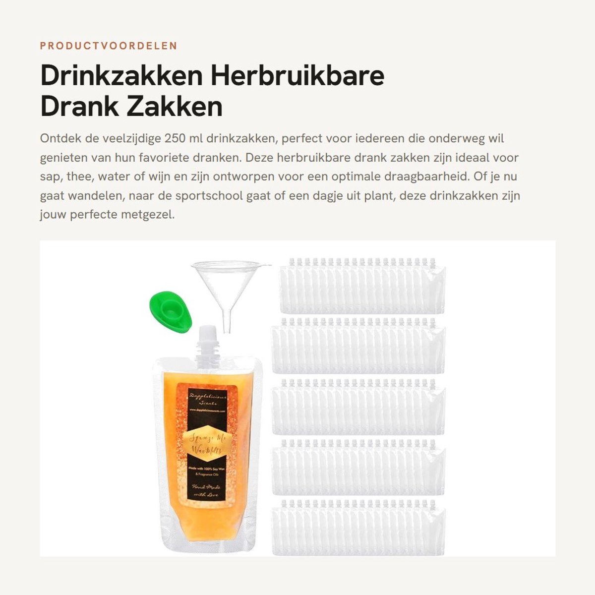 Dailygoods- Drinkzakken 250ml - Herbruikbare Drankzakken - Lichtgewicht - Compact - Lekvrij - Voor Sap/Thee/Water/Wijn - Drankverpakking