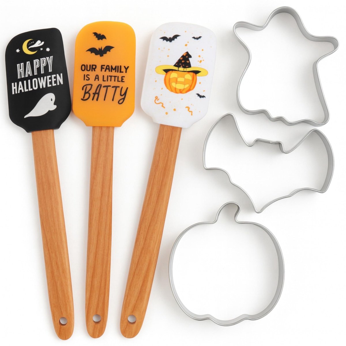 Dailygoods- Bakset 6-delig - 3 Siliconen Spatels met Houten Handvat - 3 Roestvrij Stalen Uitsteekvormen - Bakaccessoires voor Koekjes/Cakes - Hittebestendig en Duurzaam