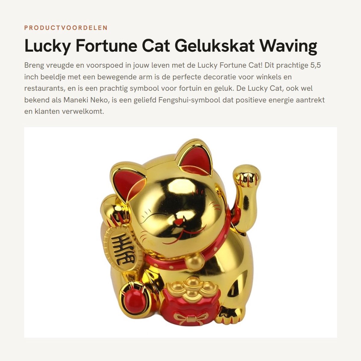 Dailygoods - Lucky Fortune Cat - Gelukskat - Waving Arm - 5,5 inch - Fengshui Decoratie - Geluk en Fortuin - Geschikt voor Winkel en Restaurant - Goud