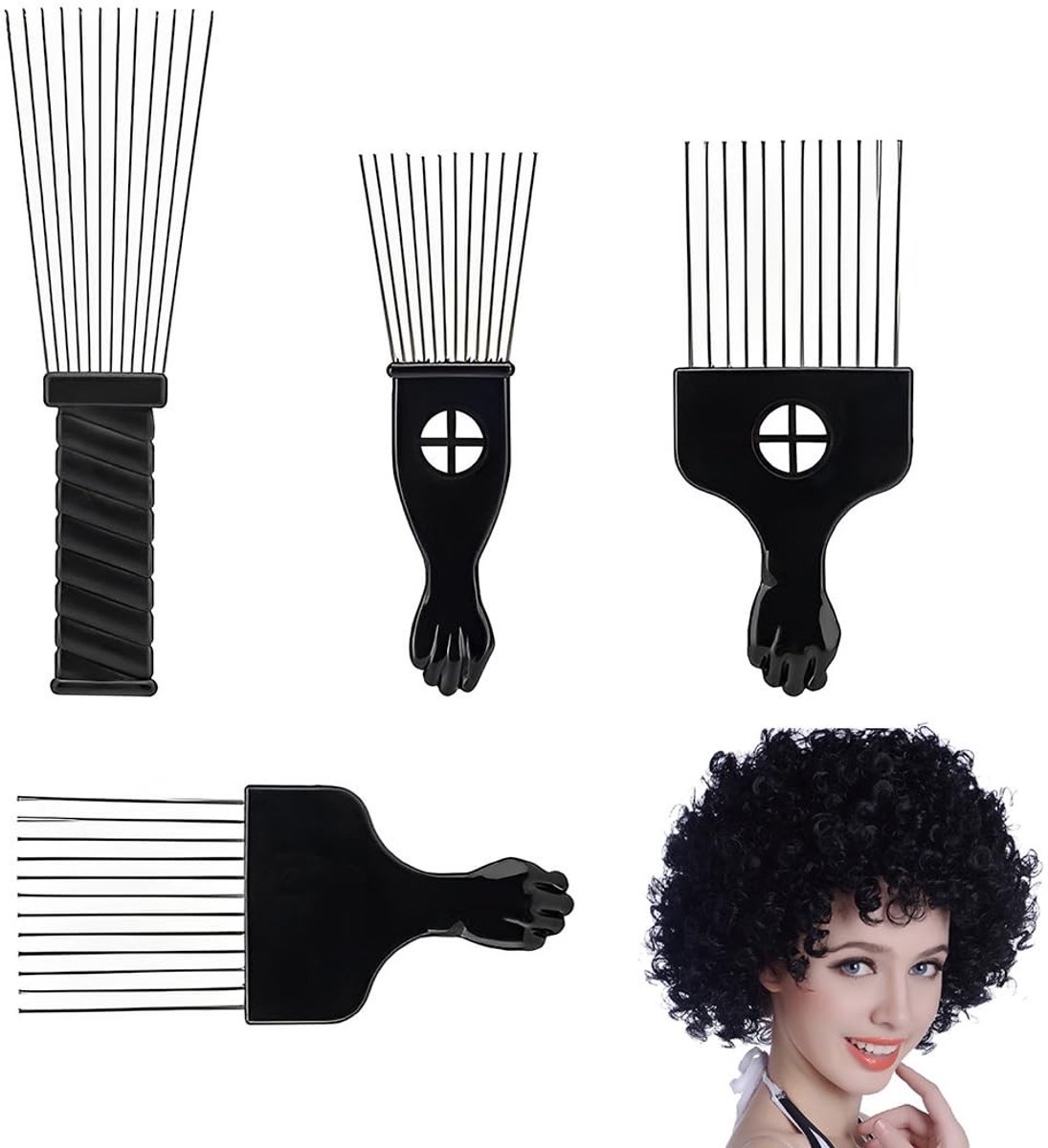 Dailygoods- Afrokam Set van 4 - Professionele Tool voor Krullend Haar - Metalen Haarkammen - Duurzaam Zwart Kunststof - Geschikt voor Mannen/Vrouwen - Haarkam