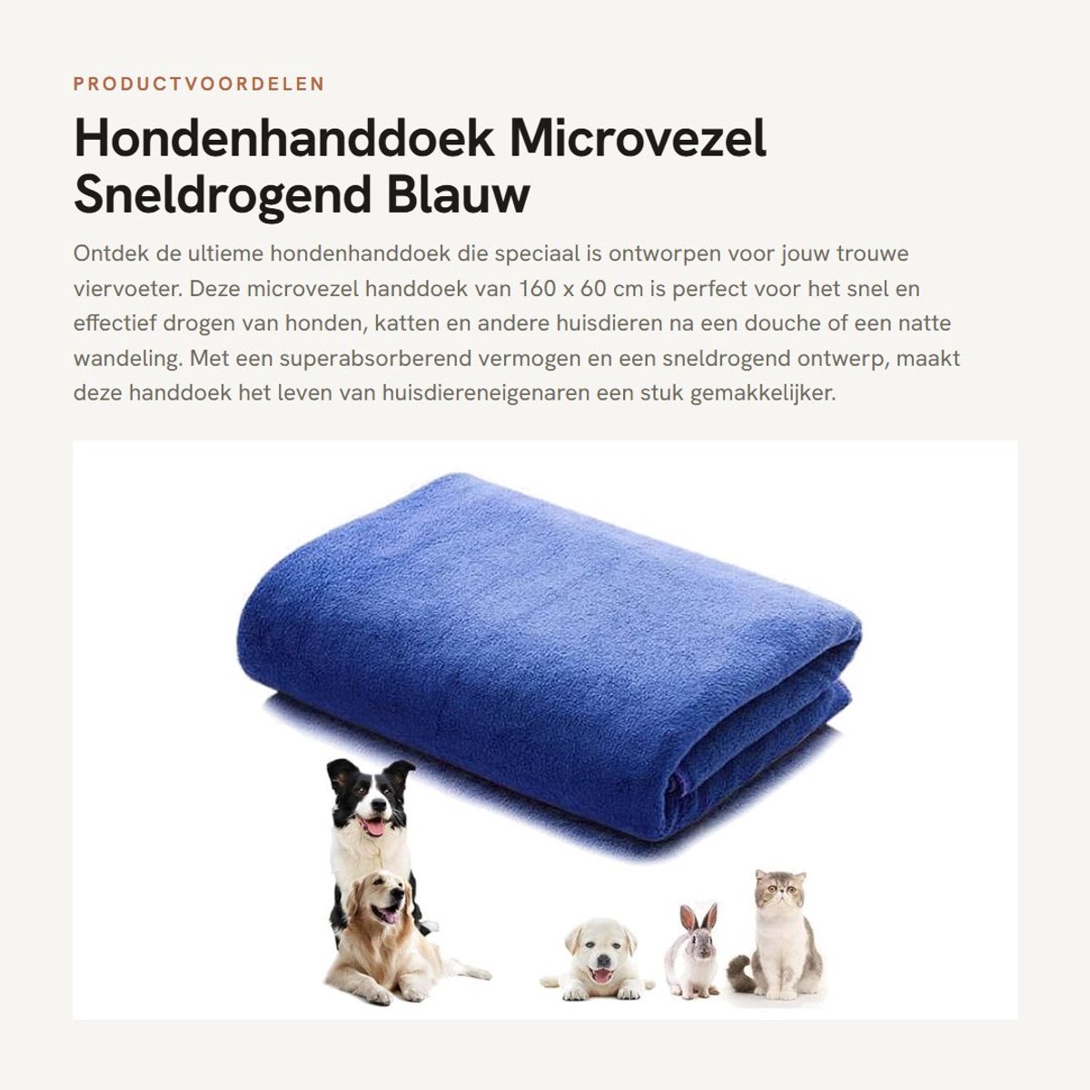 Dailygoods - Hondenhanddoek - Microvezel - Sneldrogend - Blauw - Absorberend - Geschikt voor huisdieren - 160 x 60 cm
