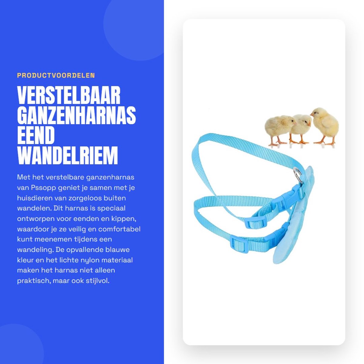 Dailygoods- ganzenharnas verstelbaar - eend/kippen harnas - buiten harnas - wandelriem - huisdieren - blauw S - Huisdierharnas