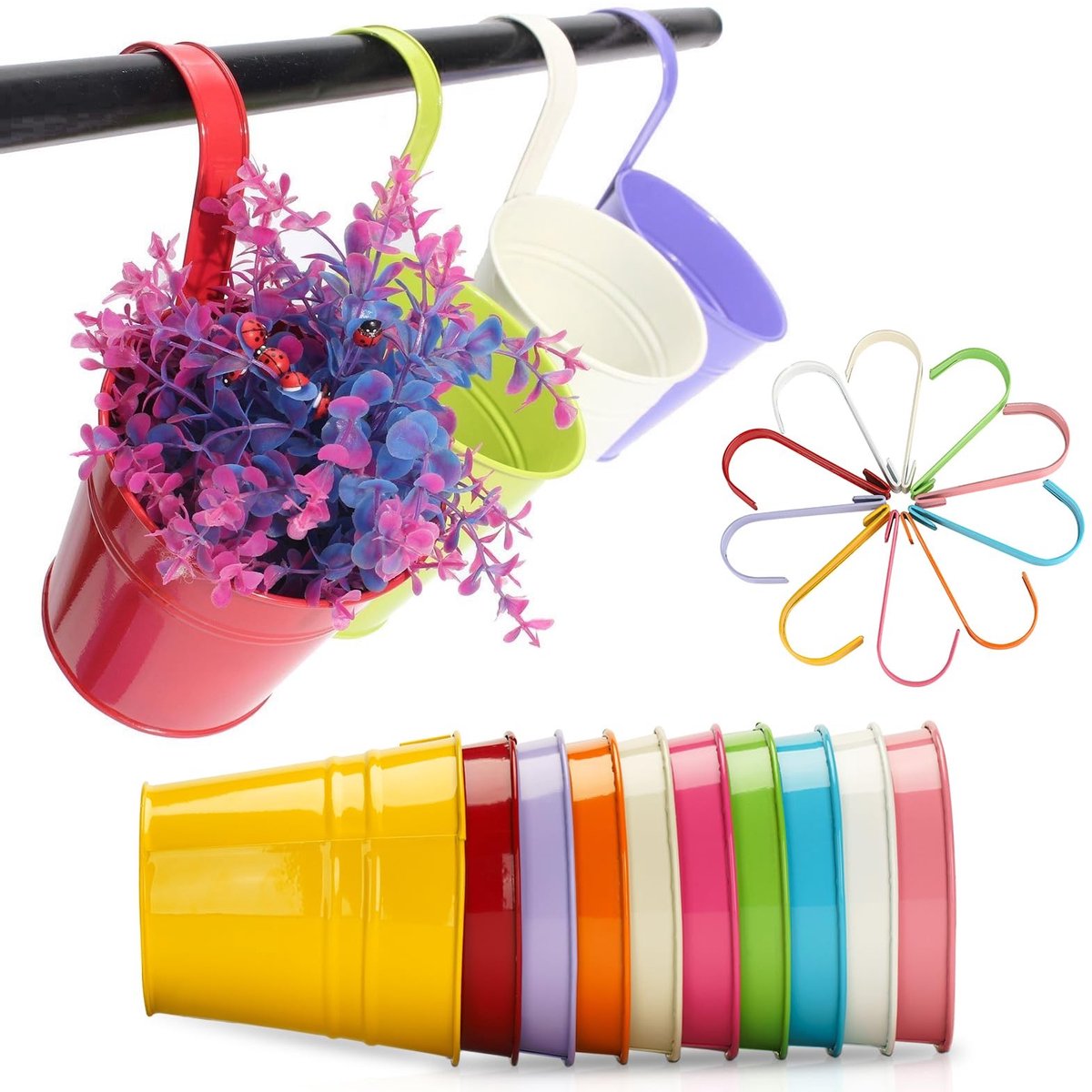 Dailygoods- Plantenpot 16 cm - Set van 10 stuks - Hangende Bloempotten - Duurzaam Metaal - Afneembare Haak - Weerbestendig Ontwerp - Bloembak