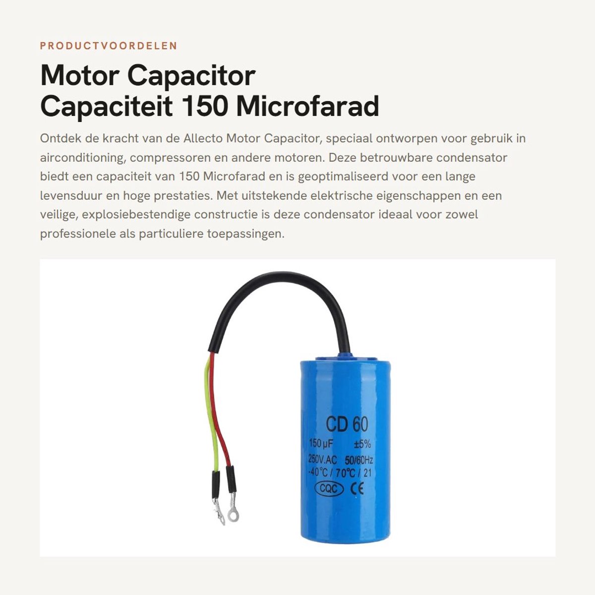 Dailygoods - Motor Capacitor - Capaciteit 150 Microfarad - Betrouwbaar en veilig - Voor Airconditioning - Hoogwaardige isolatie - Geschikt voor Compre...