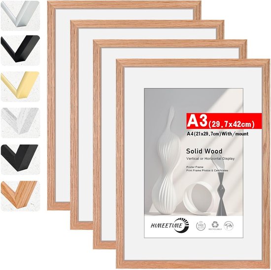 Vier houten fotolijsten met passe-partout voor A3-formaat, naast opties voor de lijstkleur.