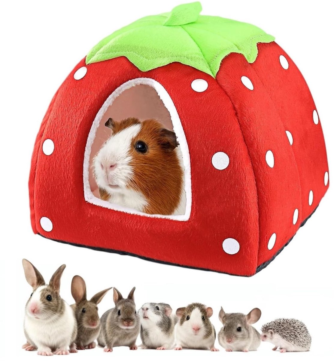Dailygoods- Winterhuisje Multifunctioneel Warm Bed – Dierenhuis voor Dwergkonijnen/Chinchilla/Hamster – Aardbeien Design – Hoogwaardige Materialen – Comfortabel en Warm