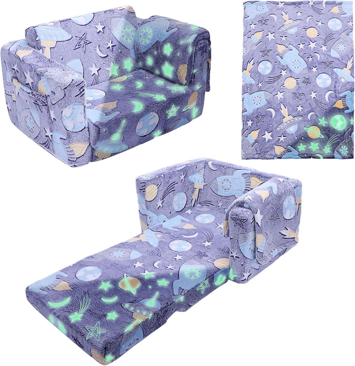 Kinderbank - Zitbankje - Spelen en slapen - Glow-in-the-dark - 58 x 43 x 40.5 cm - Grijs