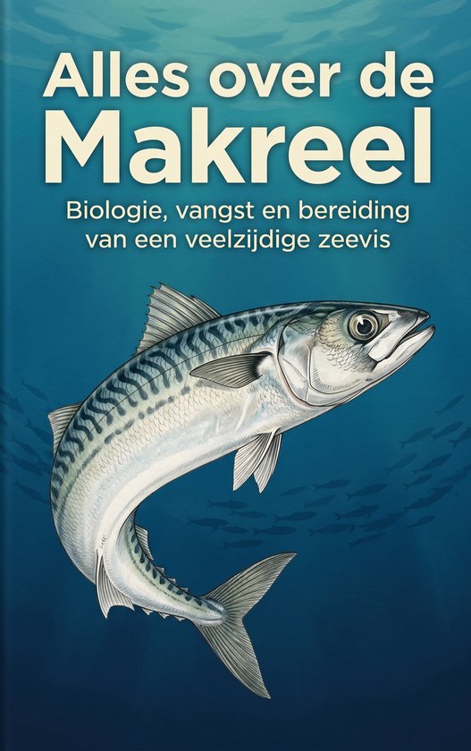 Boek "Alles over de Makreel" met een illustratie van een makreel in het midden, tegen een blauwe achtergrond met kleine visjes.